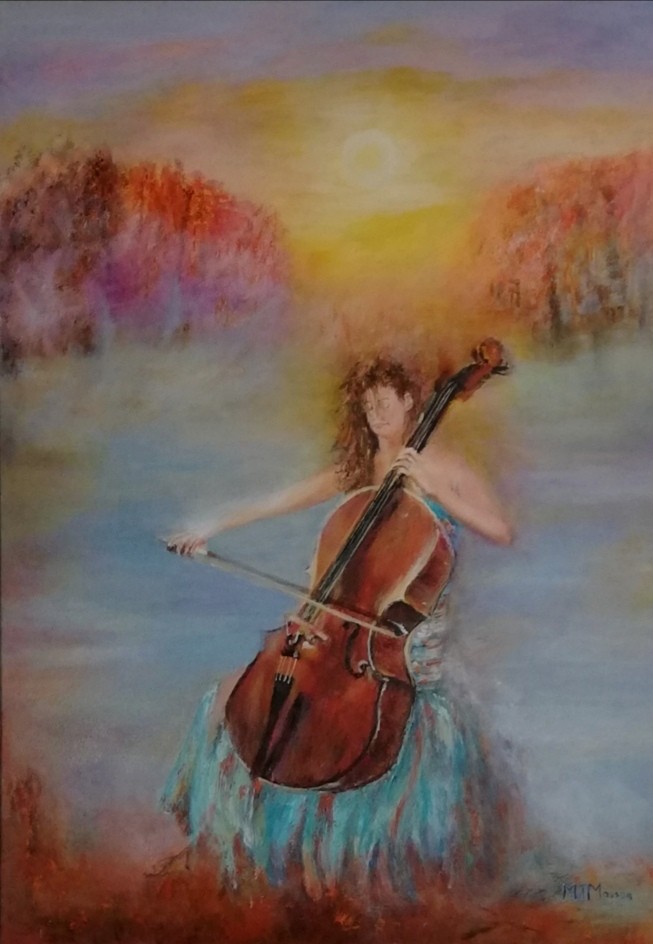 F aubade pour violoncelliste peinture mixte 50x70